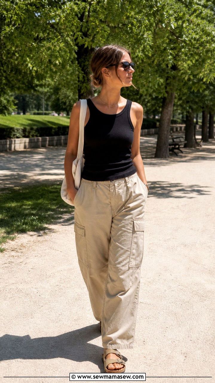 Ribbed Tank With Cargo Pants and Birkenstocks Outfit - 40 cargo pants outfit ideas for women