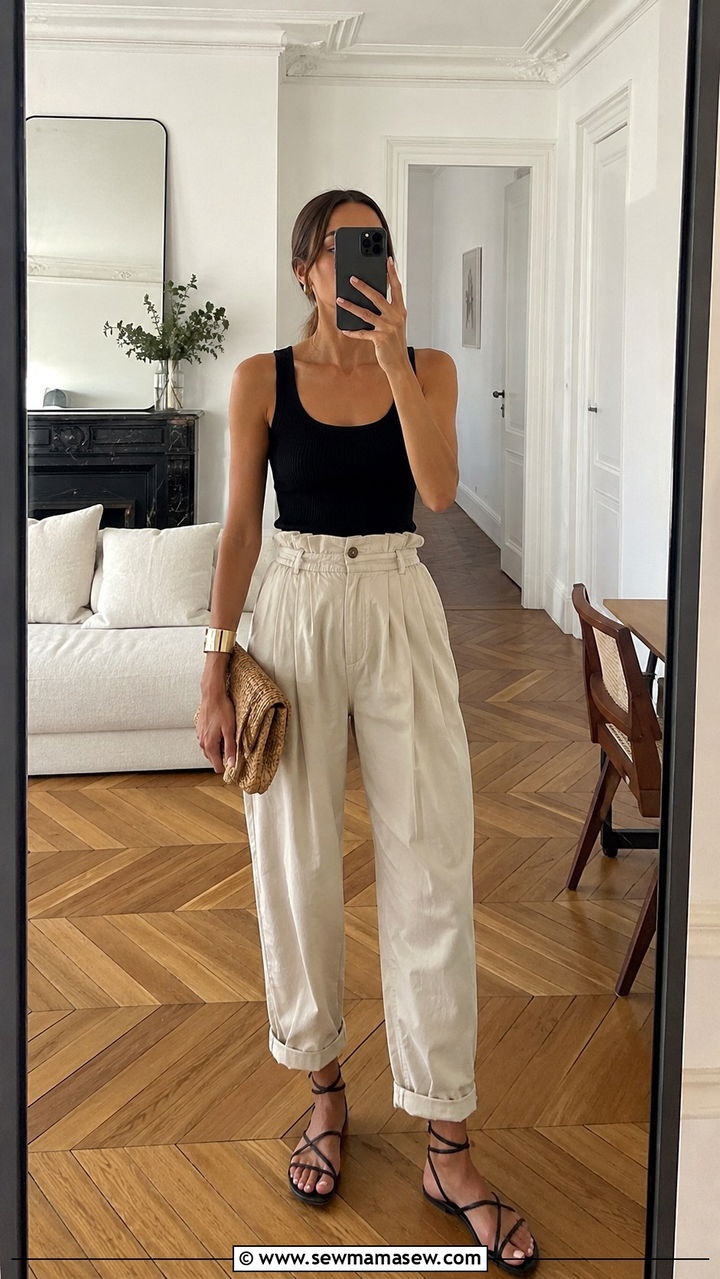 Ribbed Tank With Paperbag Waist Pants - 30 Parisian summer outfit ideas