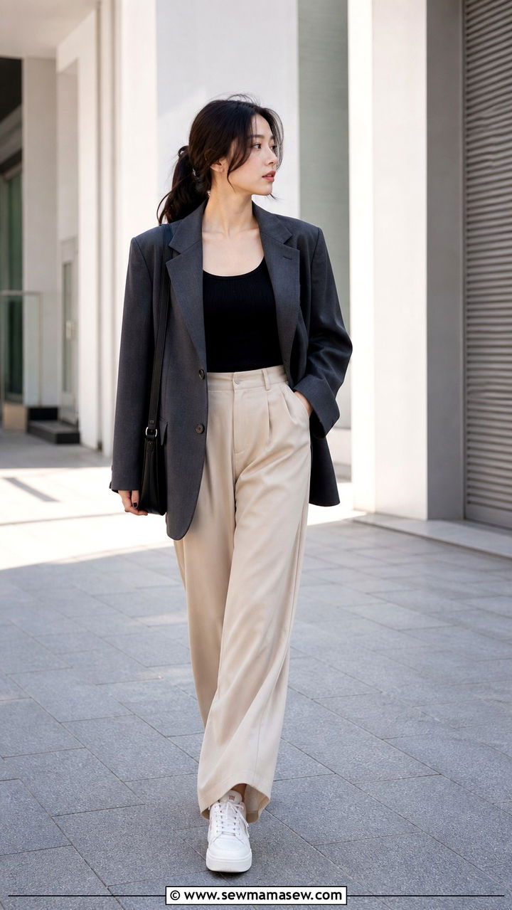 Ribbed Tank With Wide Leg Trousers and an Oversized Blazer - 40 Korean outfit ideas