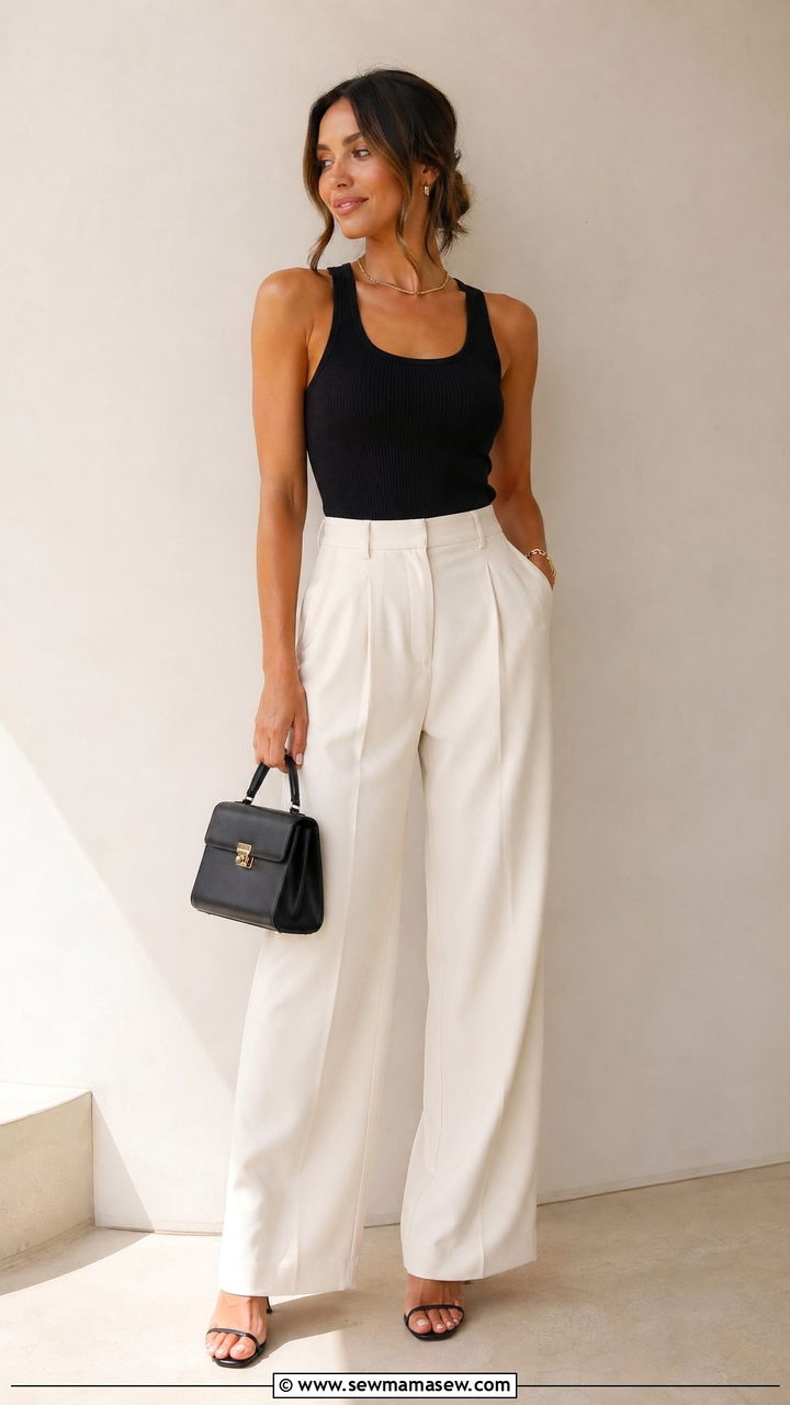 Ribbed Tank and Wide Leg Trousers Outfit - 35 Cool mom outfit ideas