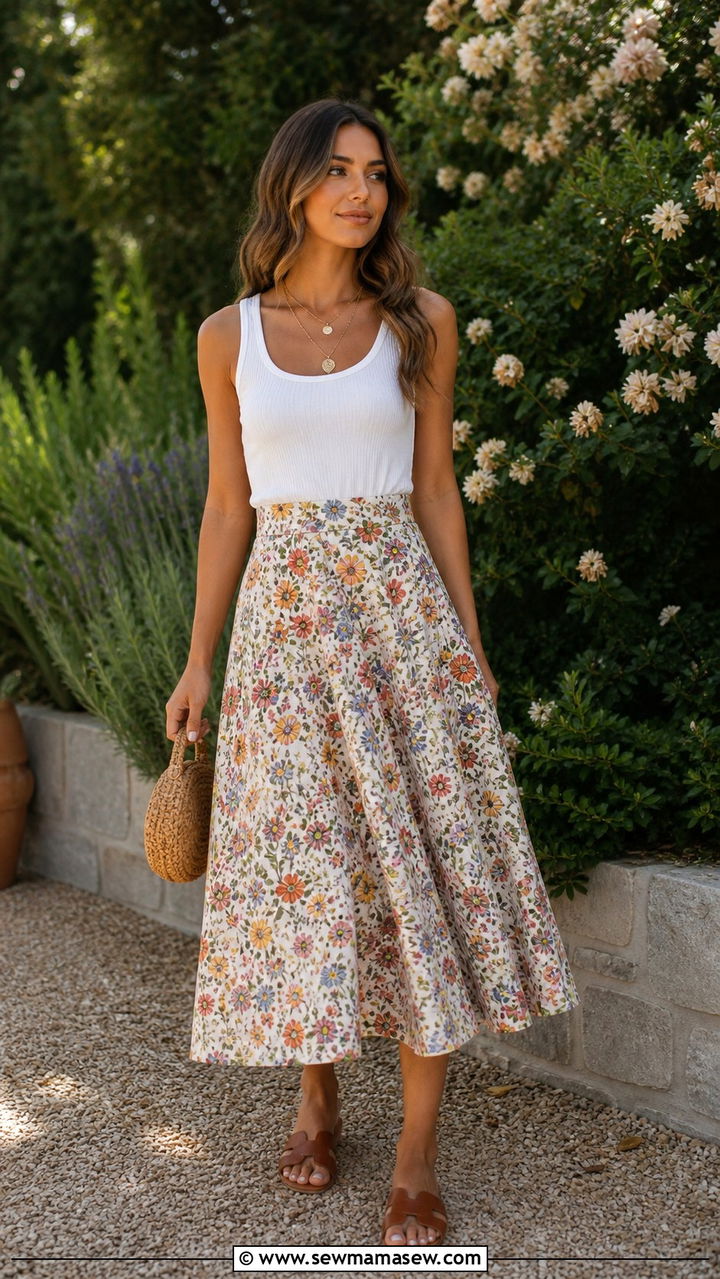 Ribbed Tank with Floral A Line Skirt - 40 Spring garden party outfits
