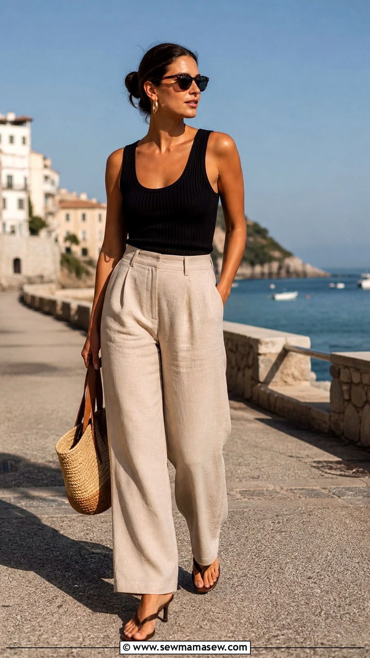 Ribbed Tank with High Waisted Linen Trousers - 40 summer french girl outfits