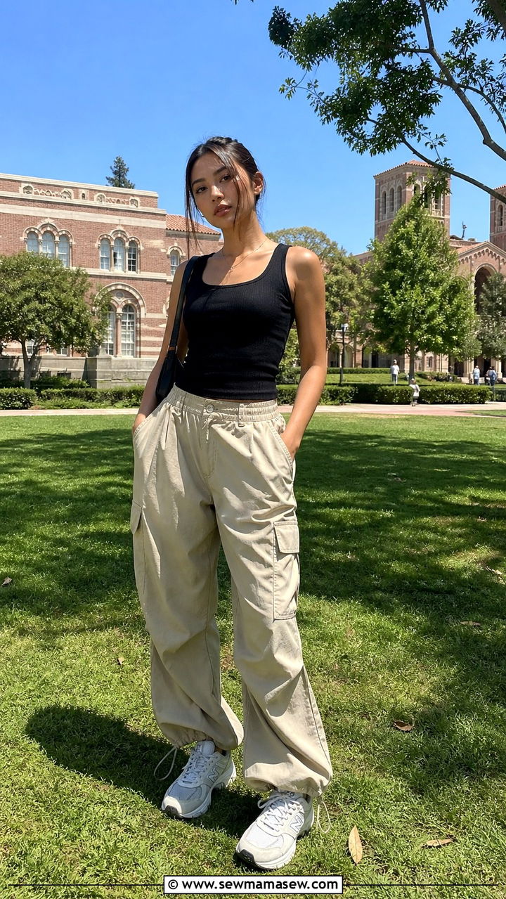 Ribbed Tank with Parachute Pants and Dad Sneakers Outfit - 40 First day of school outfit ideas 2026