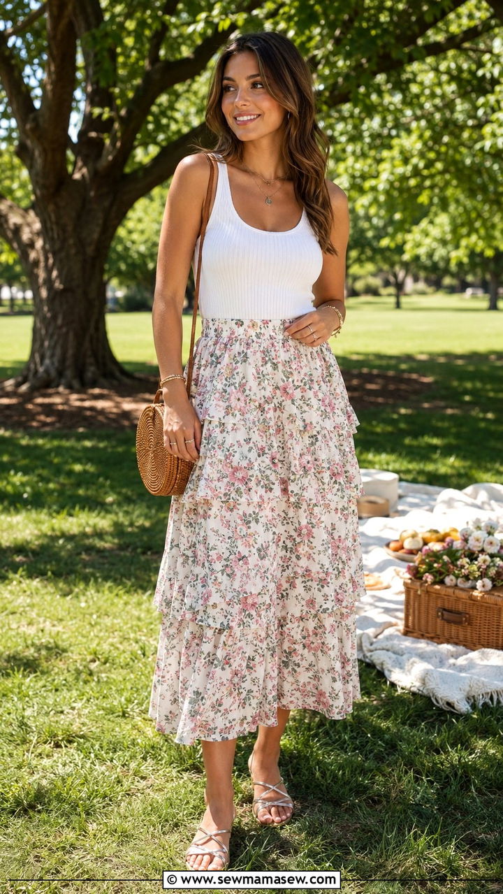 Ribbed Tank with Tiered Midi Skirt and Strappy Sandals - 20 Spring outfits for 90 degree weather
