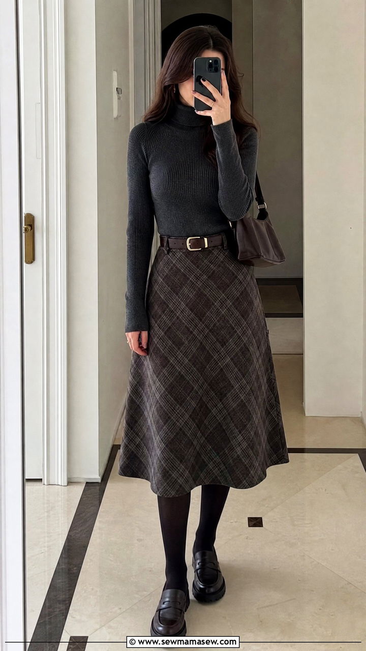Ribbed Turtleneck With A Line Plaid Skirt Outfit - 30 Dark academia spring outfits