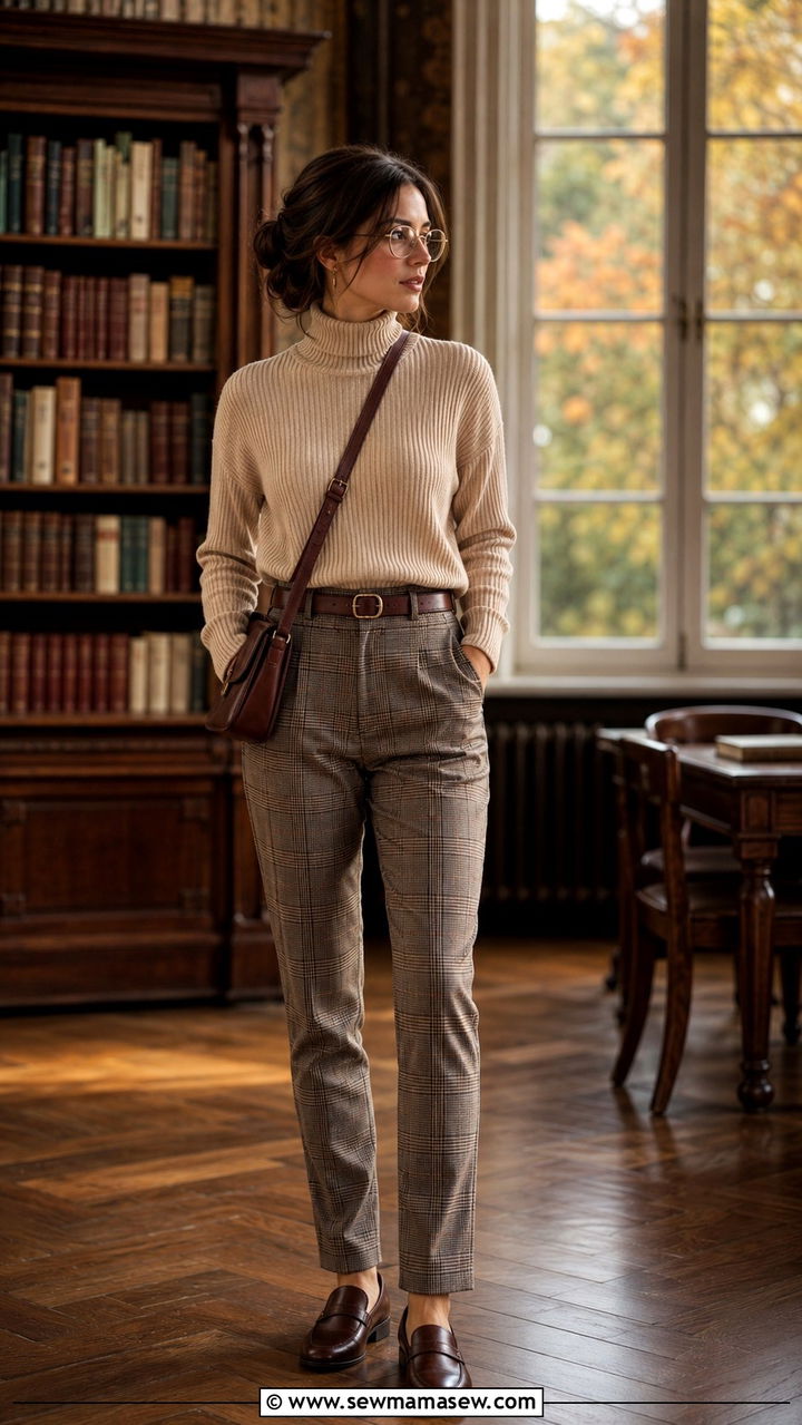 Ribbed Turtleneck With Plaid Trousers And Leather Loafers - 30 light academia outfits inspo