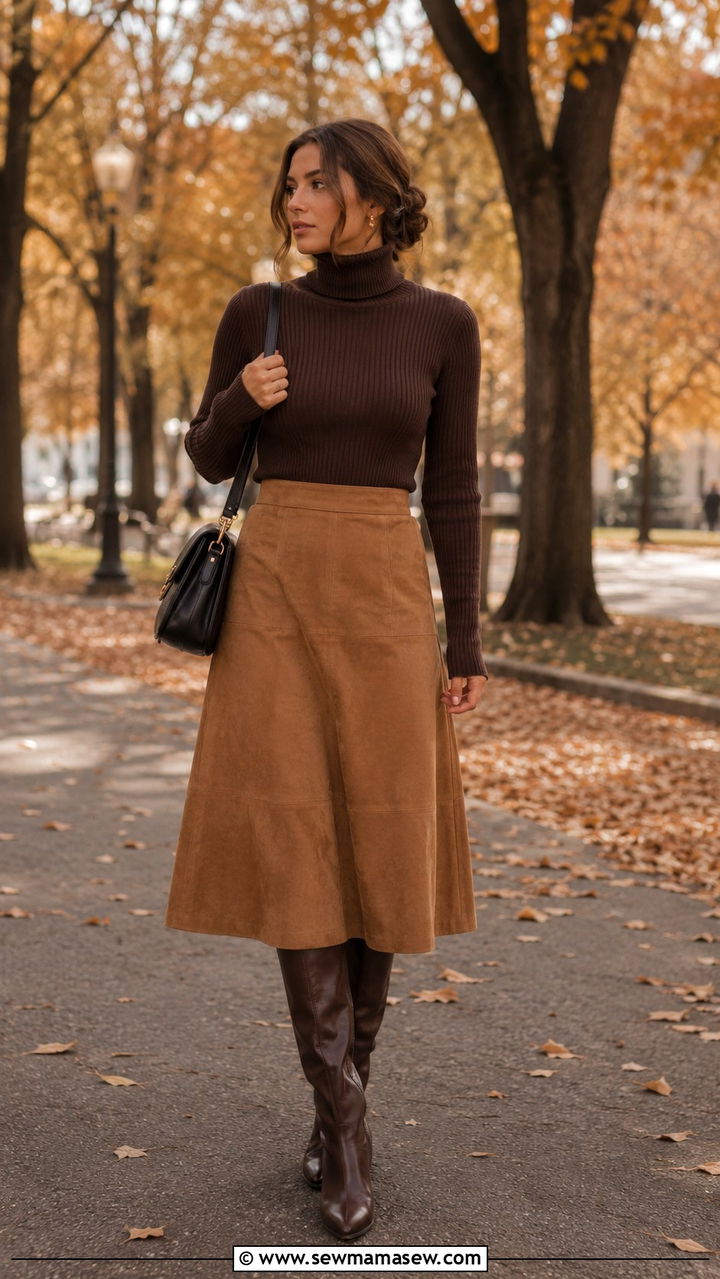 Ribbed Turtleneck With Suede Midi Skirt Outfit - 30 casual quiet luxury outfits