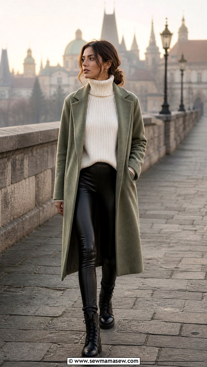 Ribbed Turtleneck With Wool Coat And Leather Leggings - 40 What to wear in Amsterdam