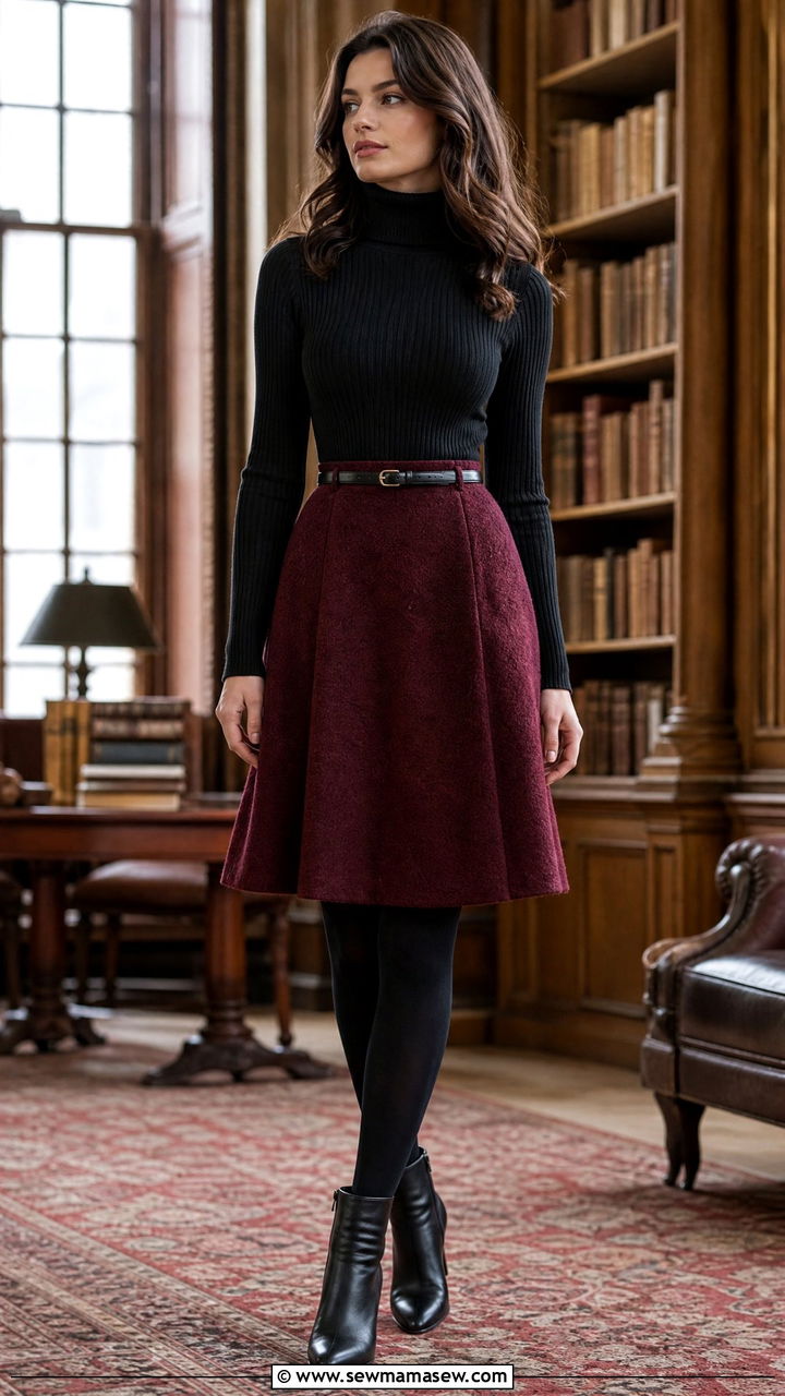 Ribbed Turtleneck and A Line Skirt - 25 librarian core outfits aesthetic