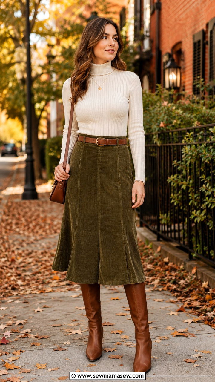 Ribbed Turtleneck and Corduroy Midi Skirt - 25 modest classy outfits to copy