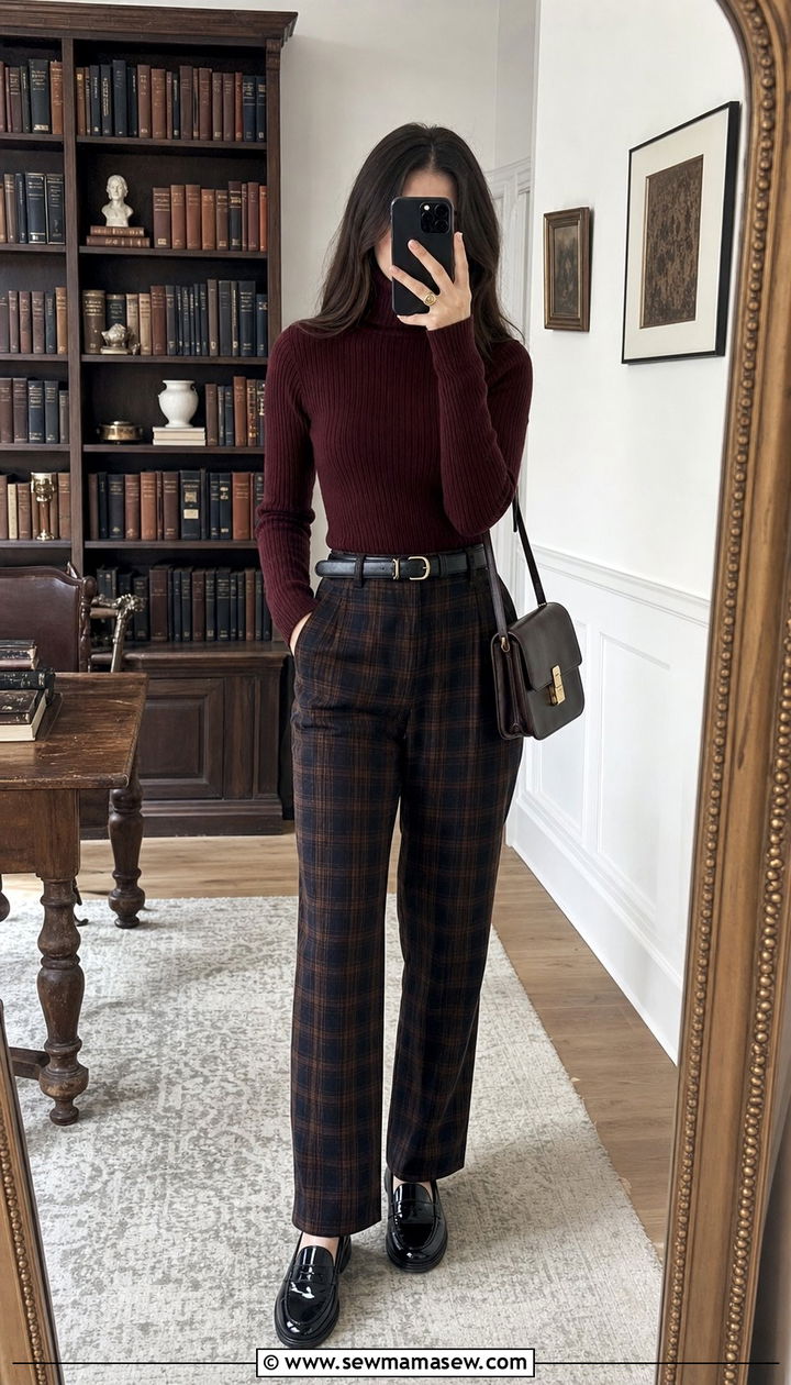 Ribbed Turtleneck and Plaid Trousers - 25 spring dark academia outfits