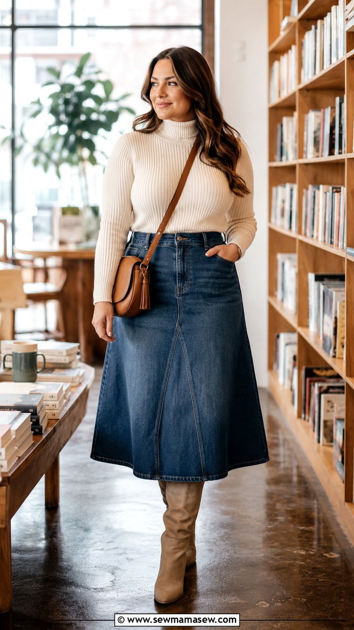 Ribbed Turtleneck with A Line Midi Skirt Look - 30 casual outfits for midsize women