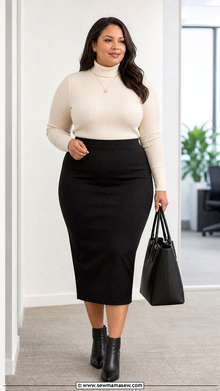 Ribbed Turtleneck with Midi Pencil Skirt - 30 spring plus size outfit ideas