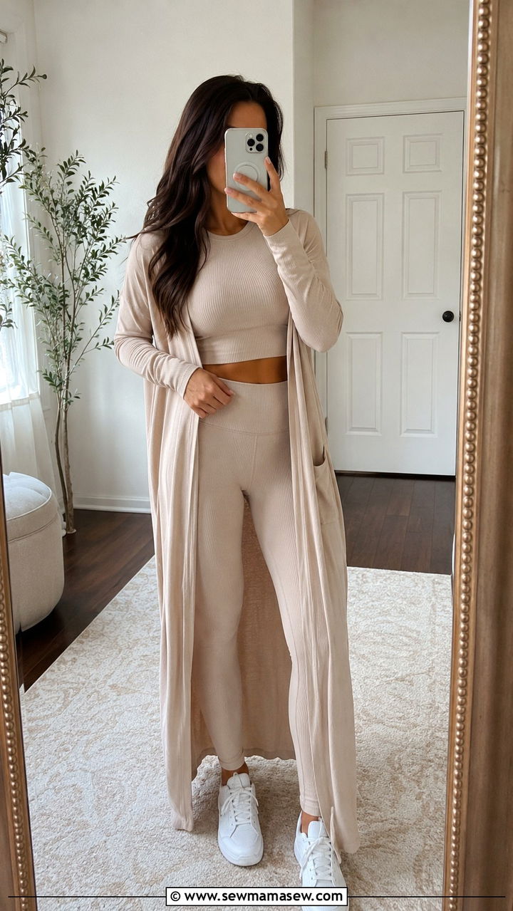 Ribbed Two Piece Yoga Set with Lightweight Duster - 25 Yoga outfit ideas modest