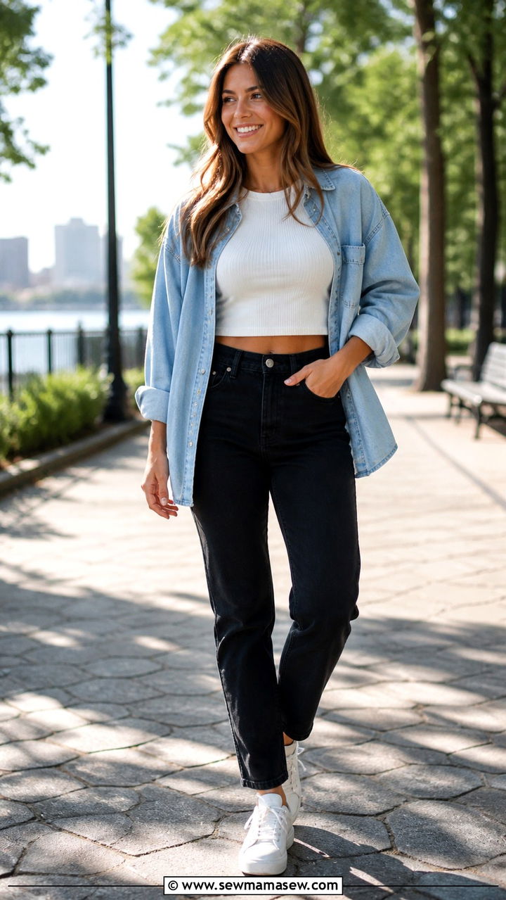 Ribbed White Crop Top With High Waisted Black Jeans and a Denim Shirt - 40 casual black jeans outfits