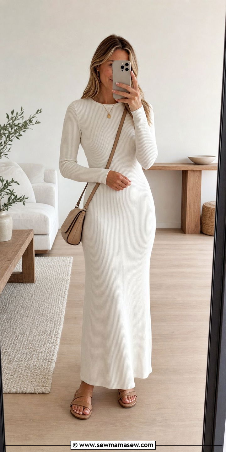 Ribbed White Knit Maxi Dress with Flat Sandals - 25 cute modest classy outfits
