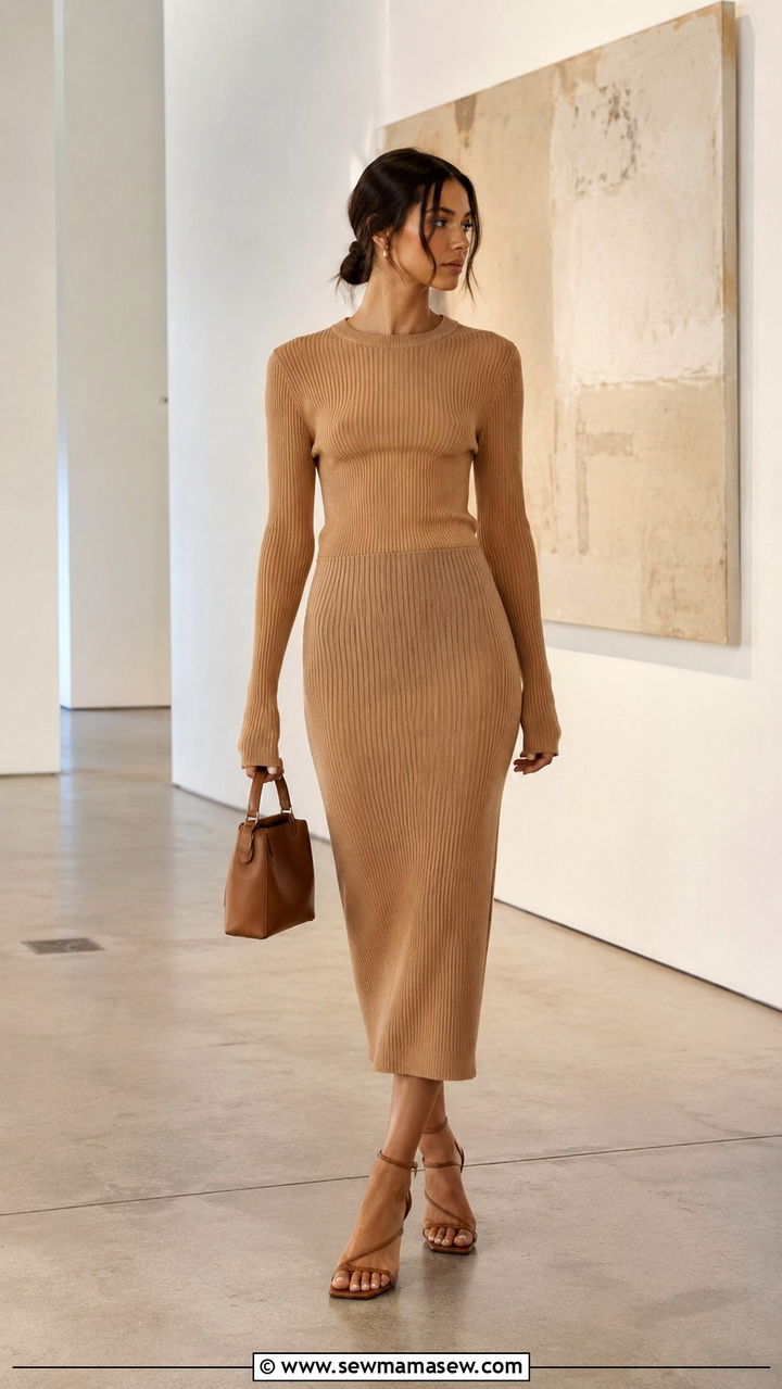 Ribbed Wool Blend Midi Skirt with Coordinating Knit and Heeled Sandals - 20 Quiet luxury outfit ideas Khaite style
