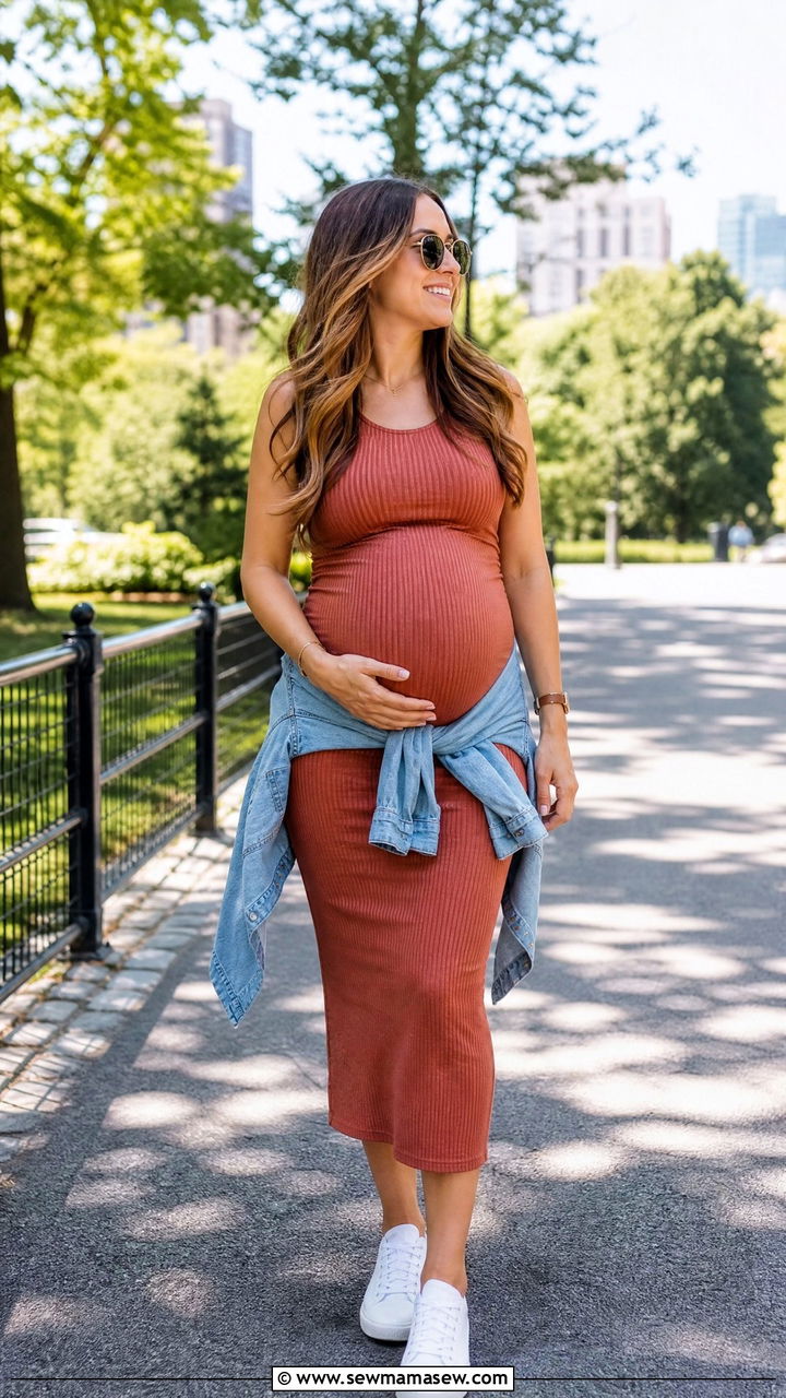 Ribbed bodycon midi dress with sneakers summer maternity photo - 25 Maternity photo outfit ideas summer