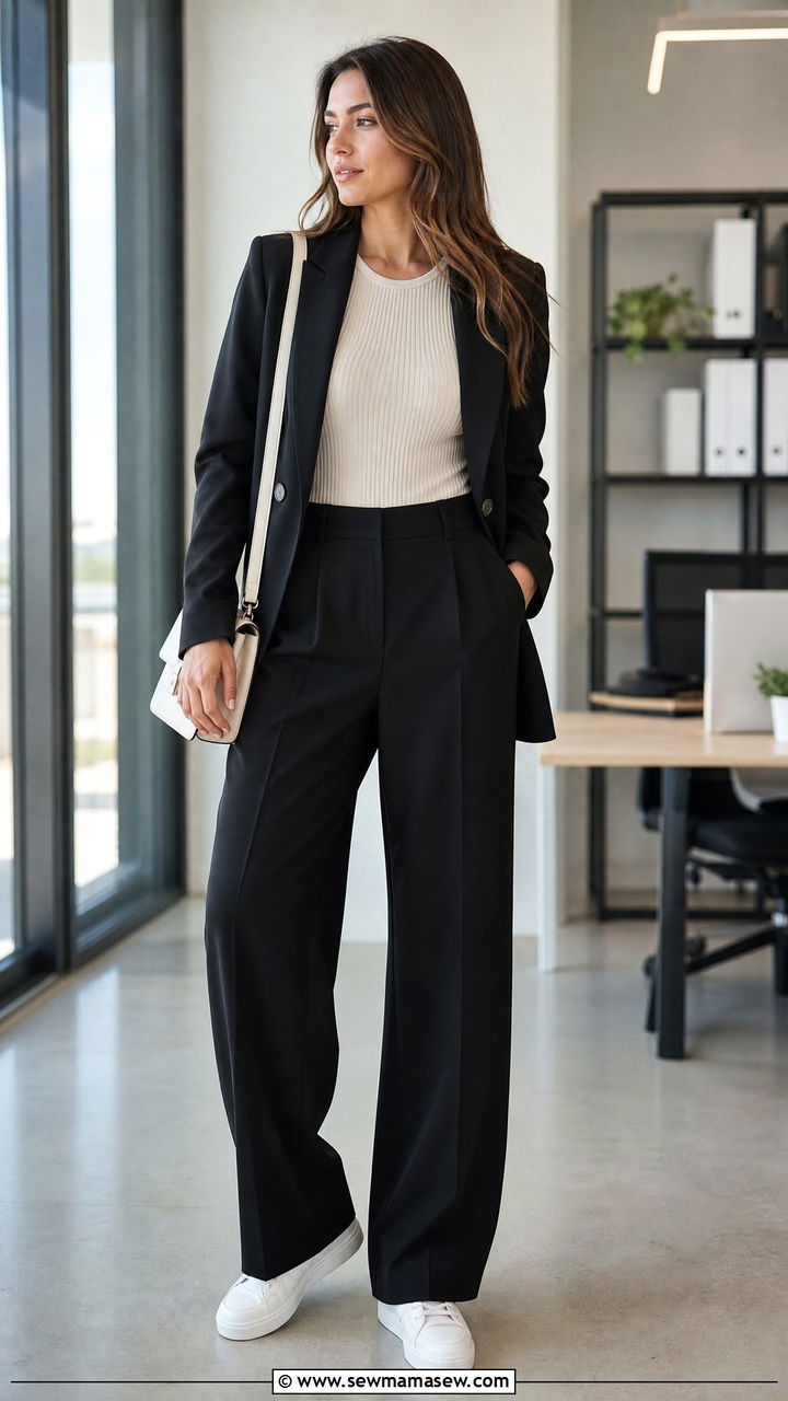 Ribbed bodysuit with wide leg trousers and sleek sneakers - 30 classy sporty chic outfits