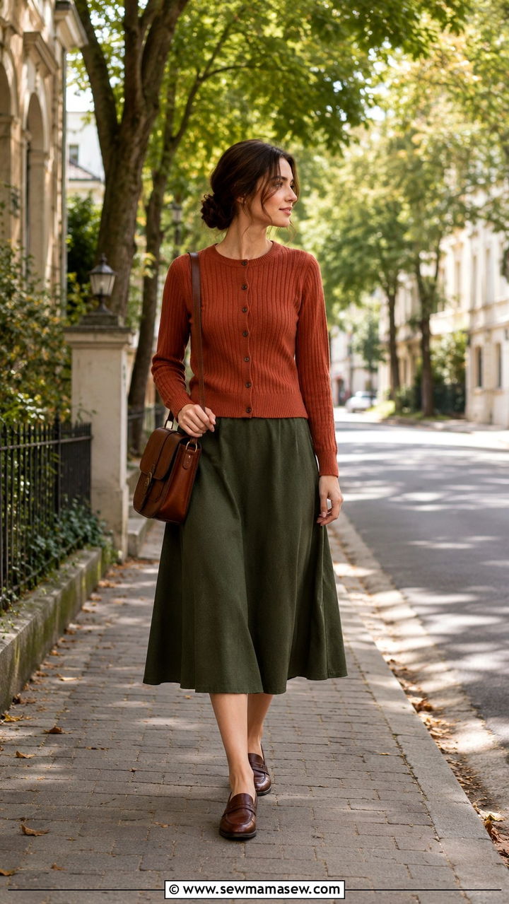 Ribbed cardigan with A line midi skirt - 30 Modest outfit ideas with cardigan