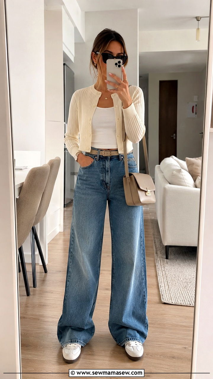 Ribbed cardigan with high waisted wide leg jeans - 30 High waisted jeans outfit ideas with a cardigan