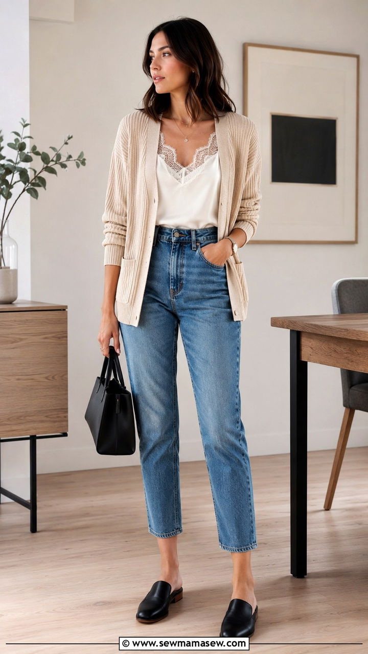 Ribbed cardigan with mom jeans and backless mules - 30 Mom jeans outfit ideas with a cardigan