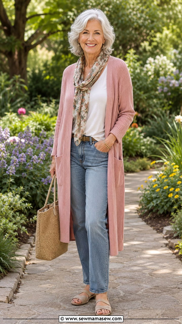 Ribbed cardigan with relaxed denim - 30 Outfit ideas for women over 70 casual 2026