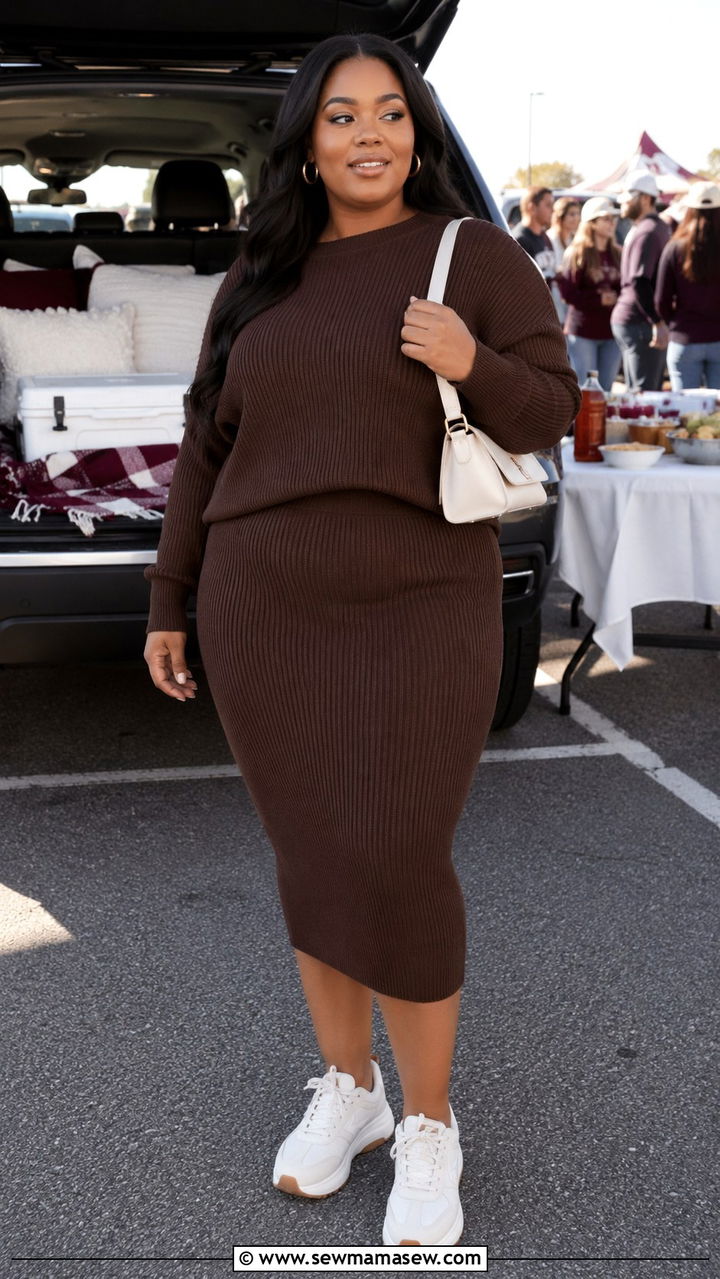 Ribbed knit co ord set with chunky sneakers outfit - 30 Plus size tailgate outfit ideas
