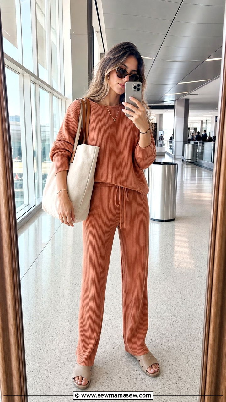 Ribbed knit co ord set with slides - 35 Airport outfits for long flights