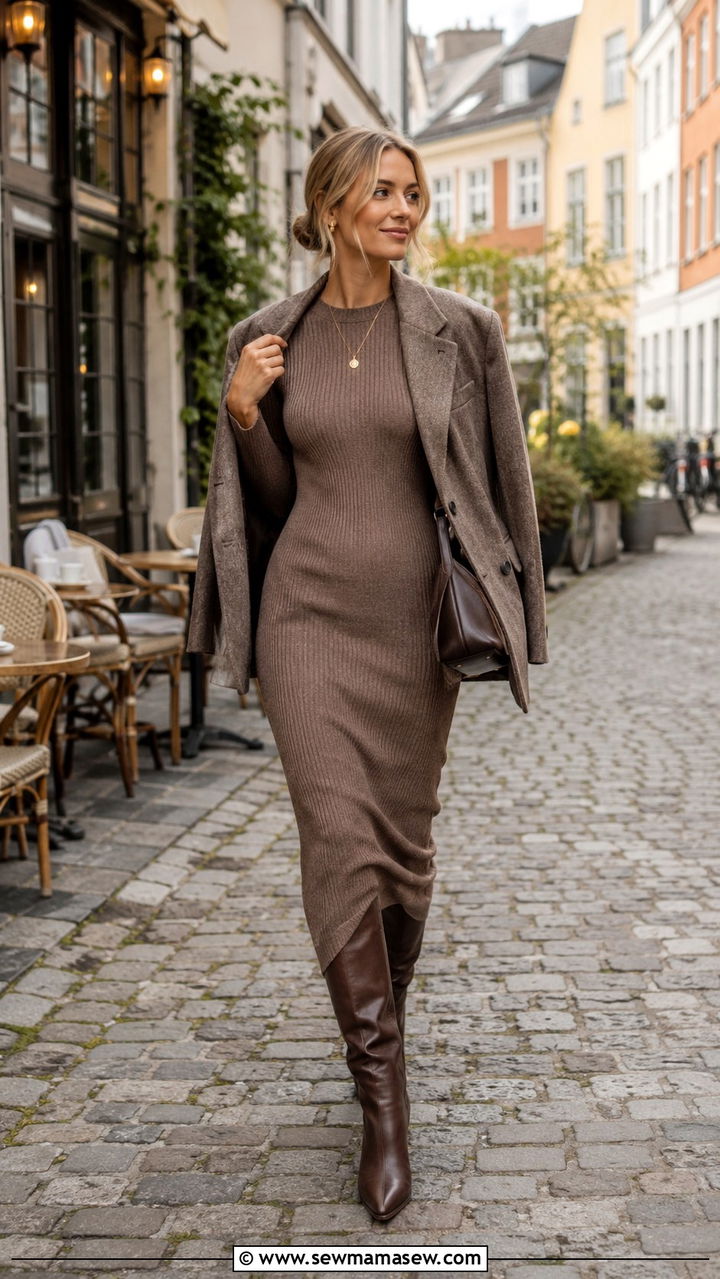 Ribbed knit dress and knee high boots - 30 Danish cozy outfit ideas