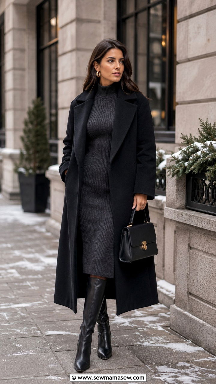 Ribbed knit dress and long wool coat - 30 Pinterest outfits for women