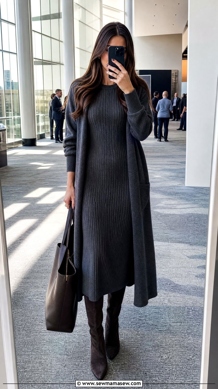 Ribbed knit dress and longline cardigan with knee boots - 35 Marketing conference outfit ideas