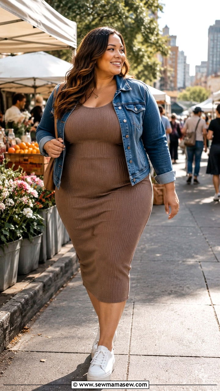 Ribbed knit dress and white sneakers outfit - 20 Plus size outfit ideas size 16