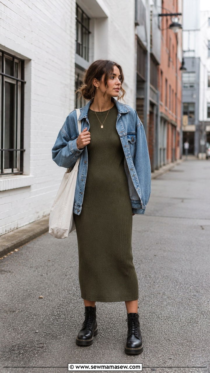 Ribbed knit dress with denim jacket and combat boots - 30 Overcast day outfit ideas