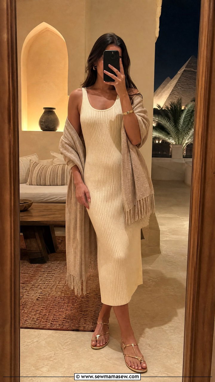 Ribbed knit dress with sandals Egypt - 30 Egypt vacation outfit ideas modest