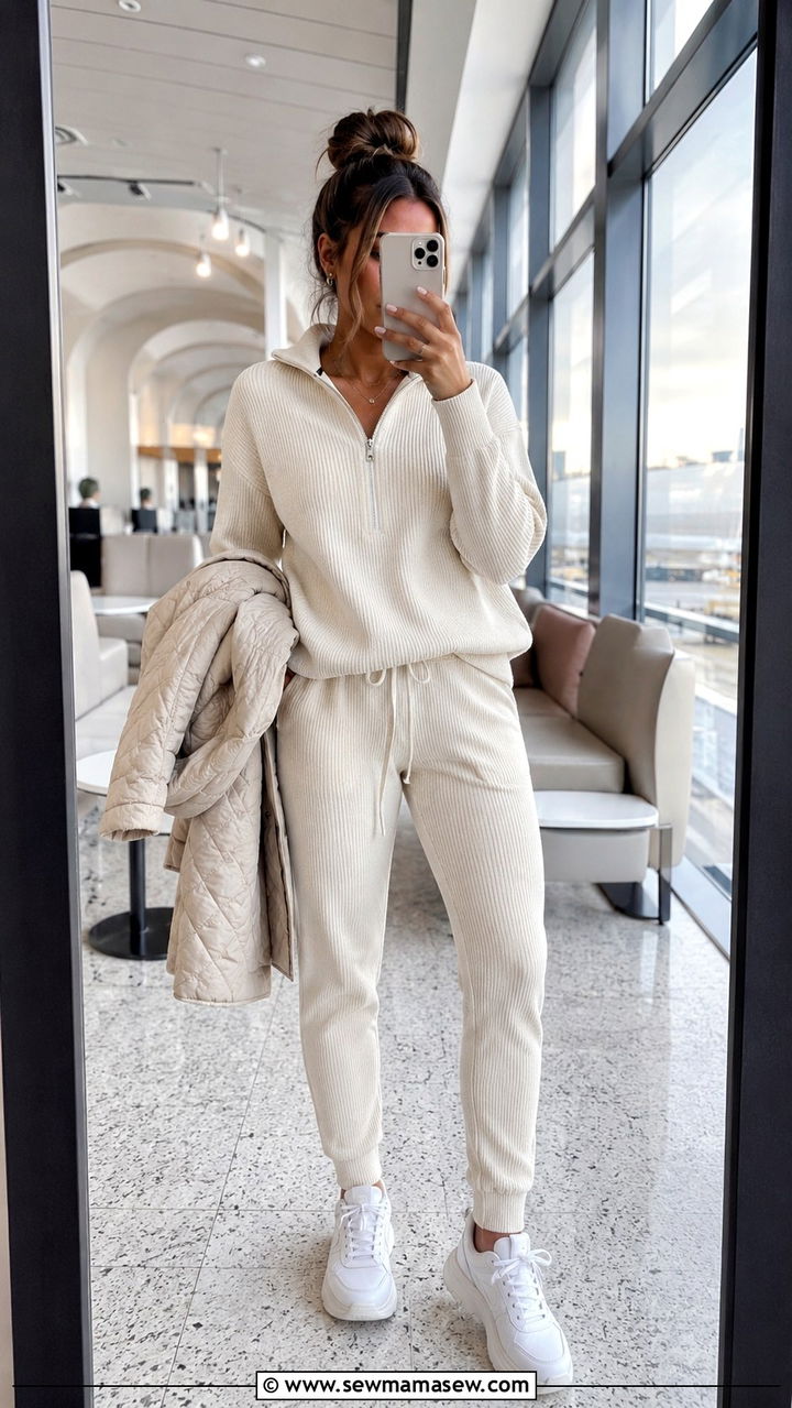 Ribbed knit half zip pullover with joggers - 30 Loungewear outfit ideas for airport