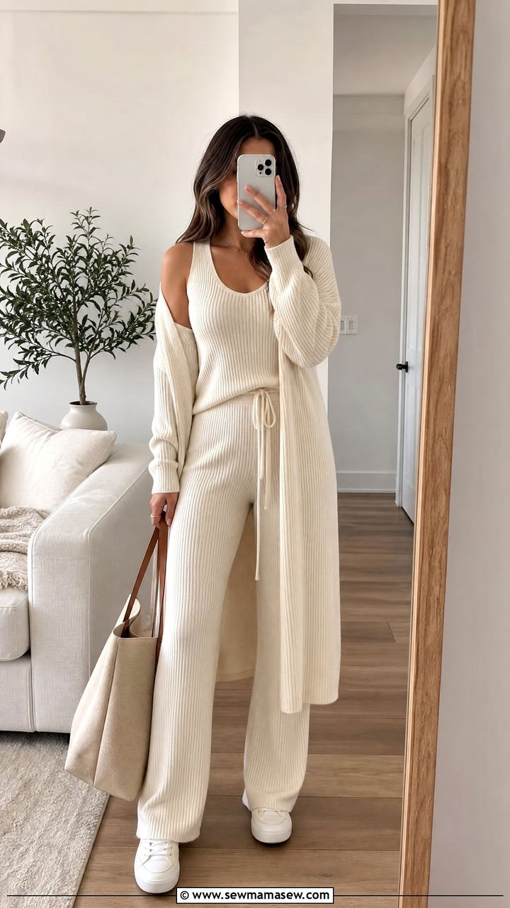 Ribbed knit lounge set with white sneakers - 25 Loungewear 3 piece set outfit ideas