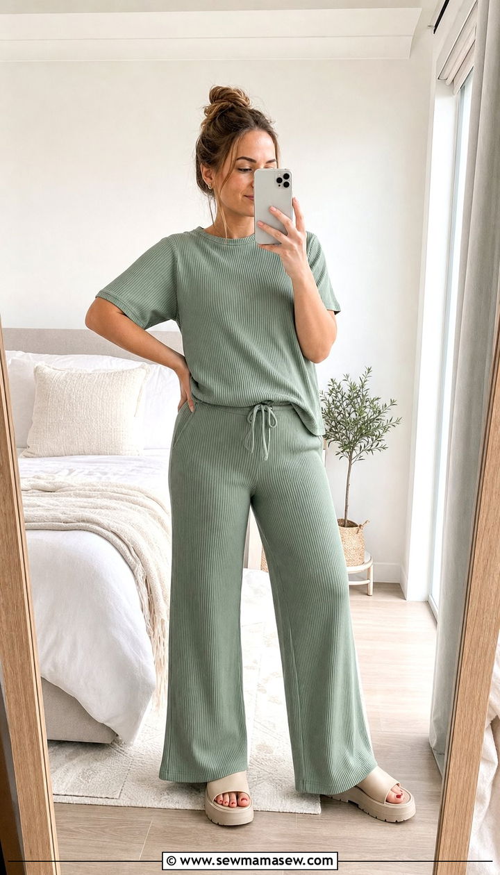Ribbed knit lounge set with wide leg pants - 25 spring outfits for postpartum moms
