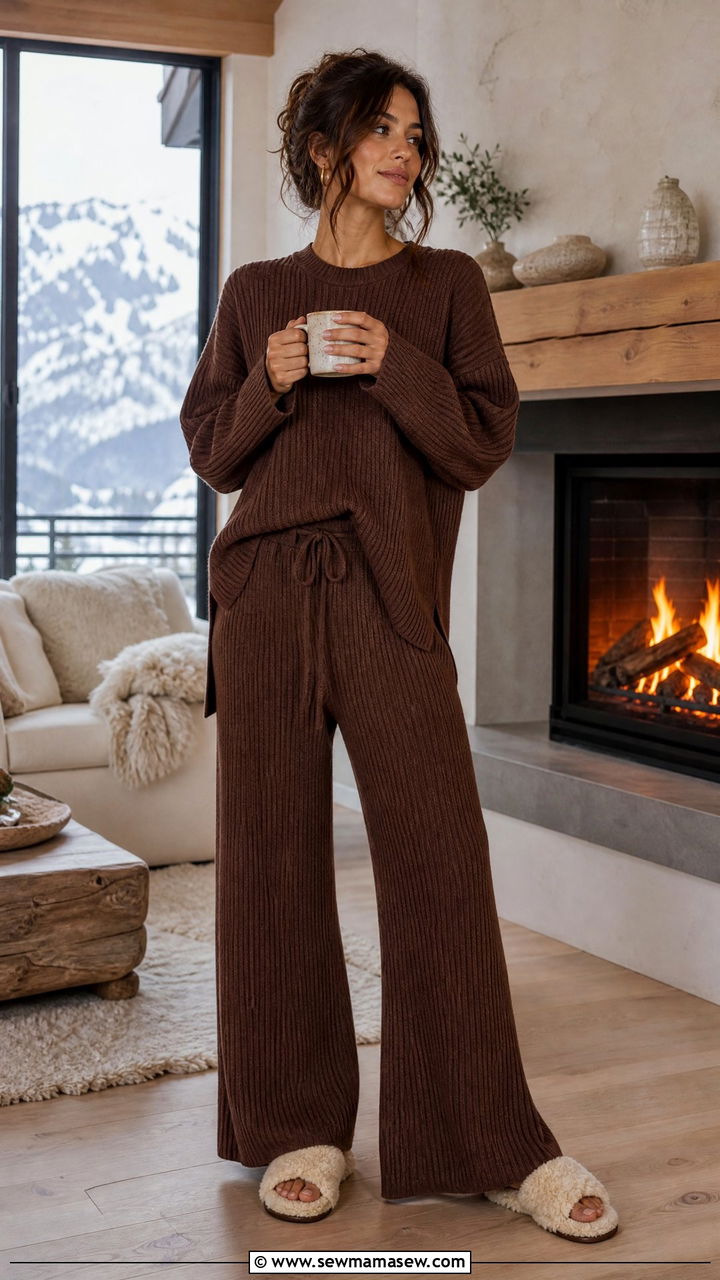 Ribbed knit matching set with sherpa slides - 30 Cozy chalet outfit ideas