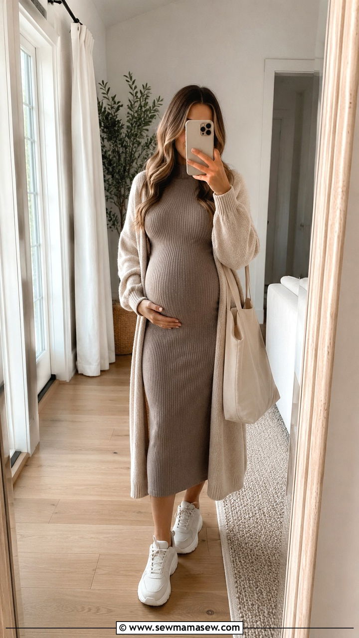 Ribbed knit maternity dress and sneakers - 25 Mom to be outfit ideas