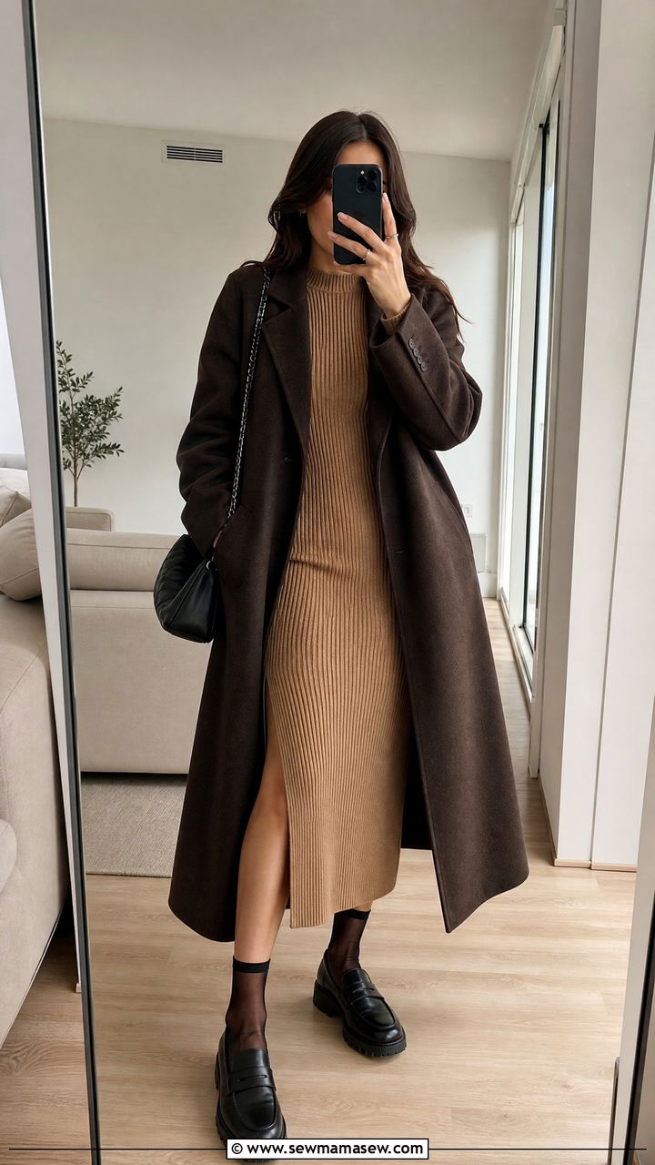 Ribbed knit midi dress and loafers outfit - 35 Modern preppy outfit ideas