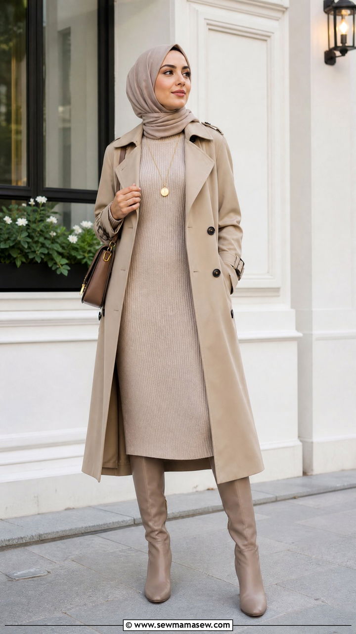Ribbed knit midi dress and trench coat - 30 modest brunch outfit ideas