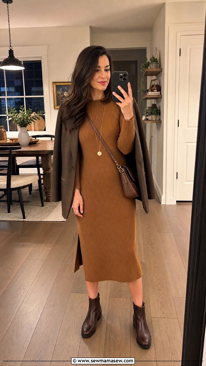 Ribbed knit midi dress with ankle boots outfit - 30 Cozy spring outfit ideas 2026