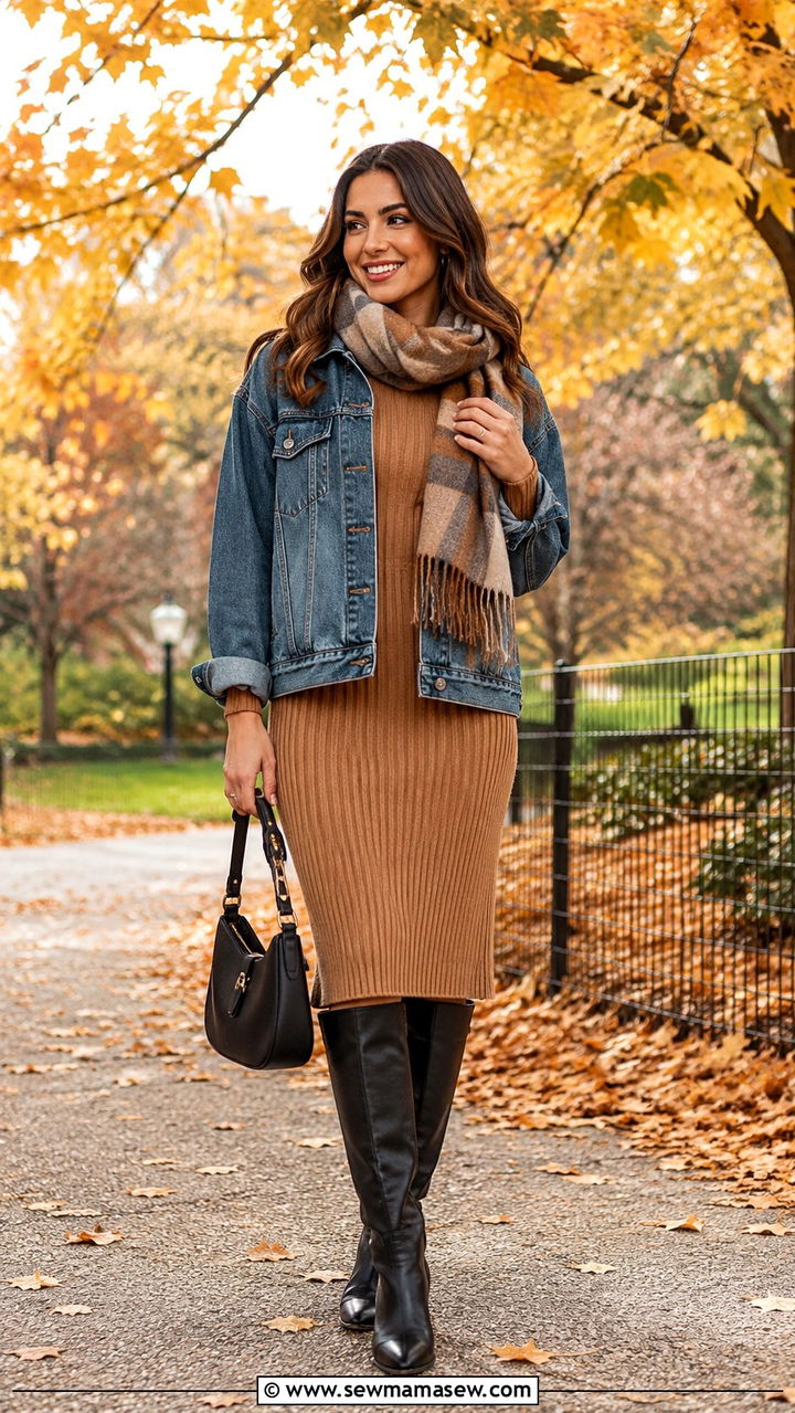 Ribbed knit midi dress with denim jacket and knee high boots - 30 Midi dress with denim jacket outfit ideas