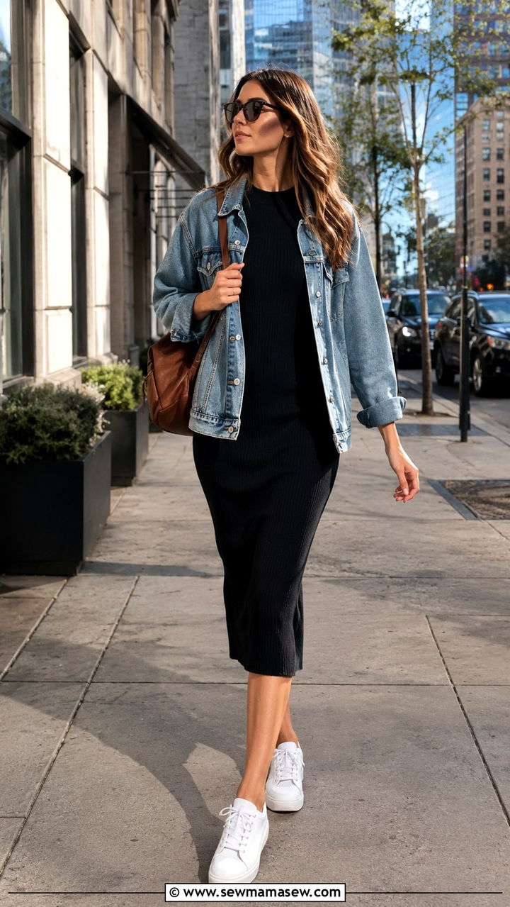 Ribbed knit midi dress with denim jacket and white sneakers for tall women - 30 Travel outfits for tall women