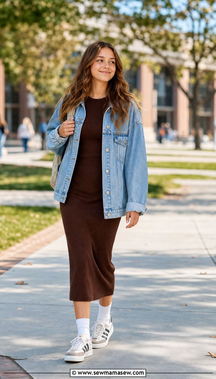 Ribbed knit midi dress with denim jacket outfit - 35 Back to school outfit ideas 12th grade
