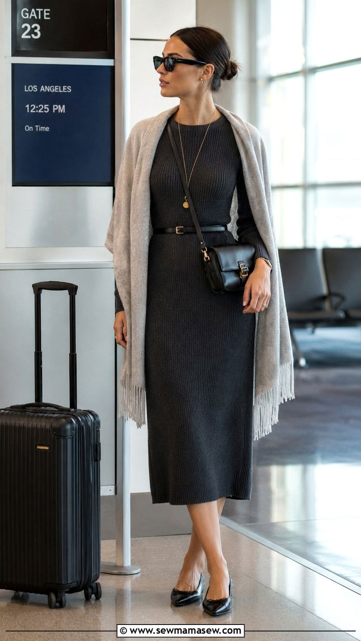 Ribbed knit midi dress with thin belt and polished flats - 30 Quiet luxury outfit ideas for airport