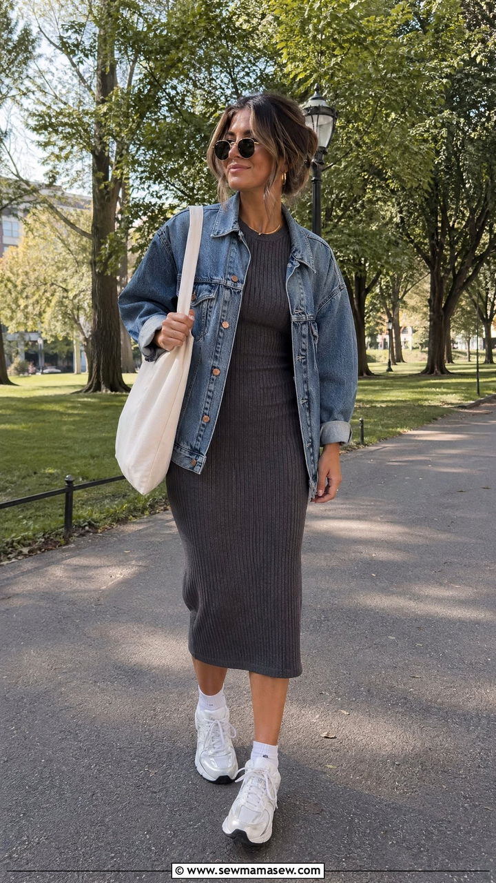 Ribbed knit midi dress with white sneakers and a denim jacket - 35 Elevated brunch outfit ideas
