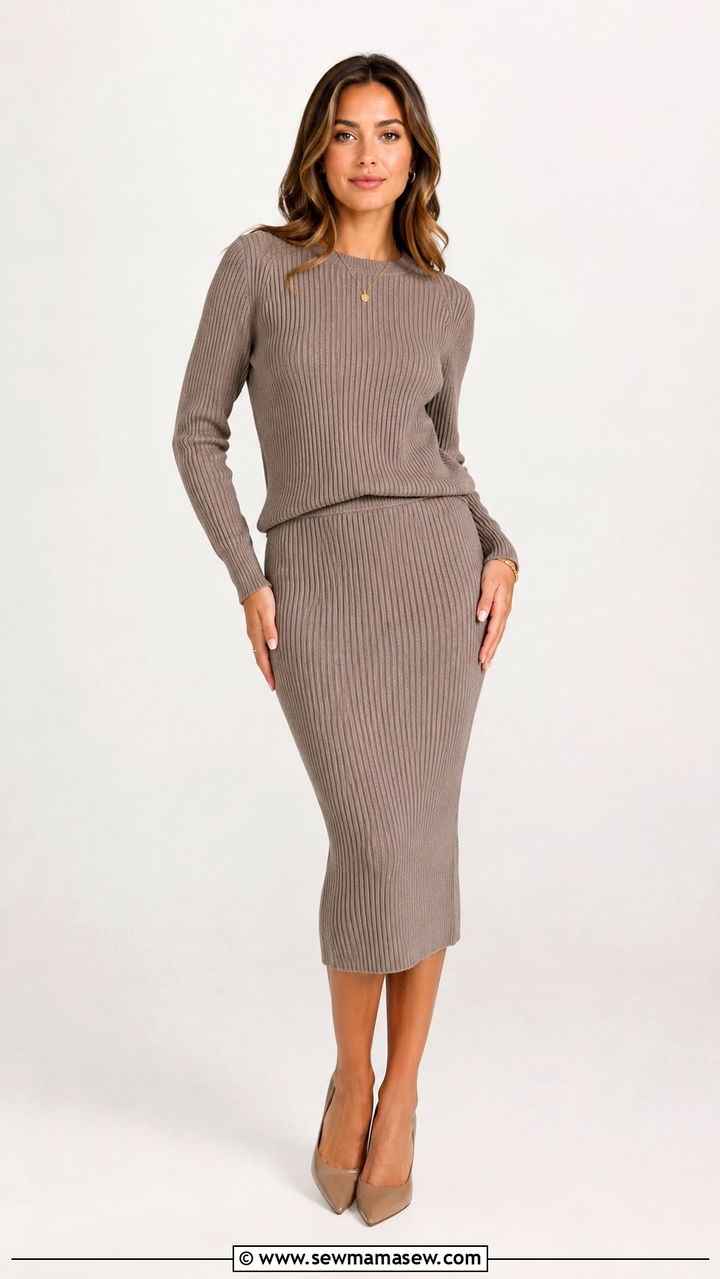 Ribbed knit sweater and pencil skirt matching set - 30 Sweater and skirt matching set outfit ideas