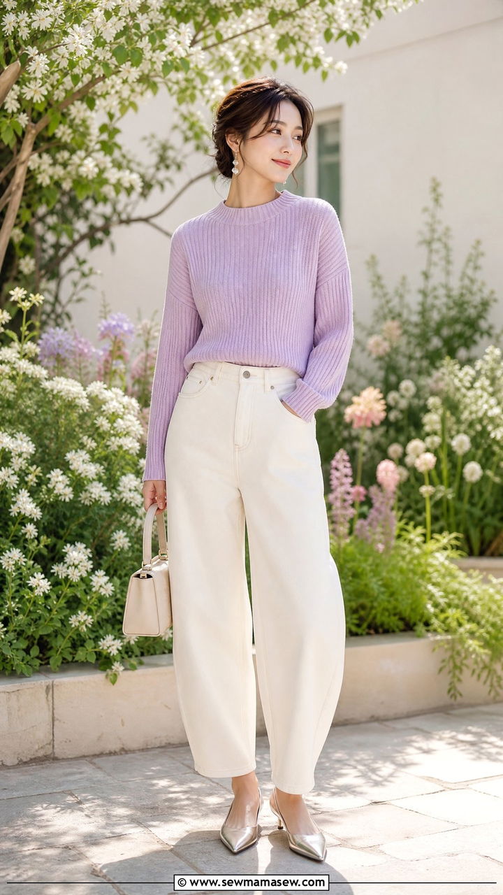 Ribbed knit sweater with barrel jeans and pointed flats - 25 Barrel jeans outfit ideas with a sweater